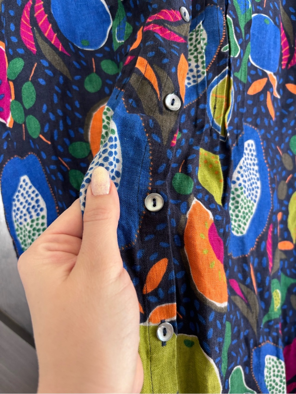 Gudrun Sjoden 100% Linen Blue Black Colorful Fruit Dress lagenlook Size Large - Picture 7 of 11